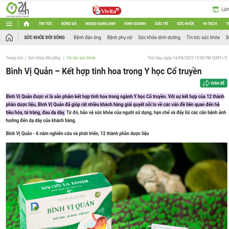 Báo điện tử 24h.com.vn đưa tin liên quan tới Bình Vị Quản