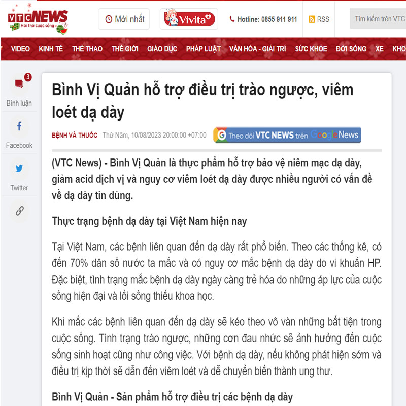 Báo điện tử VTC đưa tin liên quan tới Bình Vị Quản